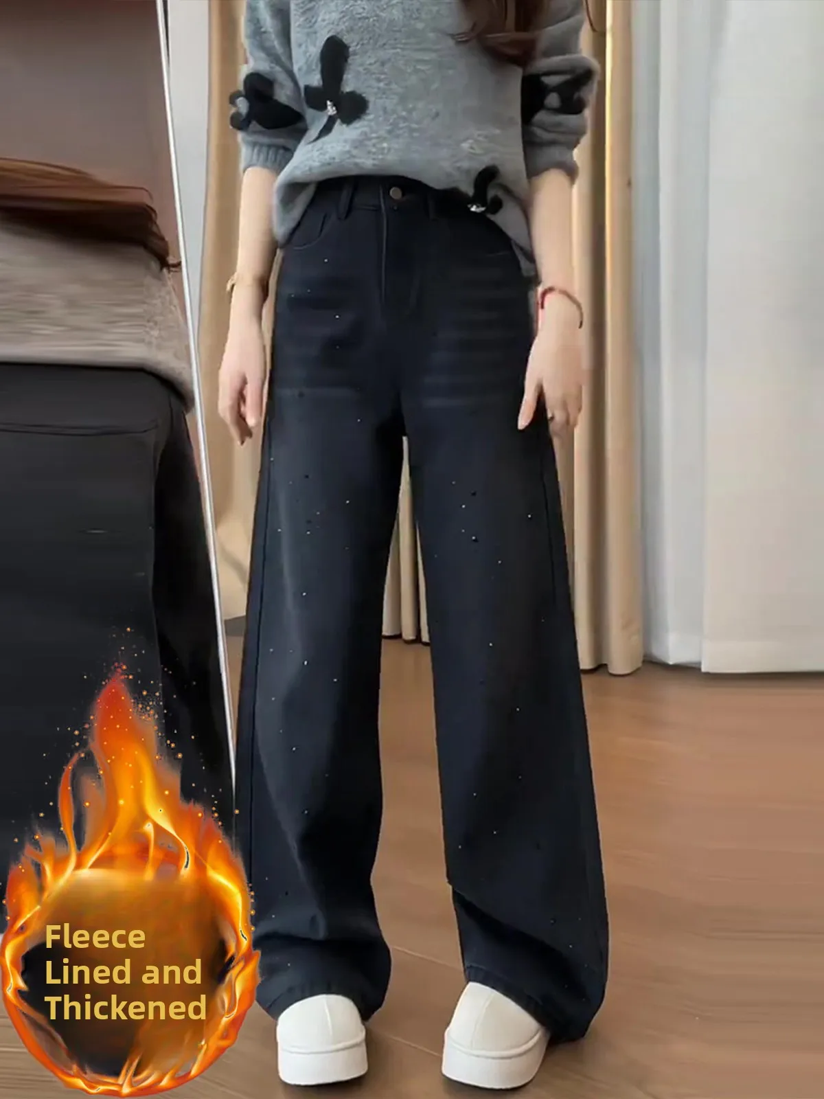 

American Sle High Waist Fce Lined Wide Leg Jeans Women Spring New Retro Knife Diamond Embellied Slimming Pants