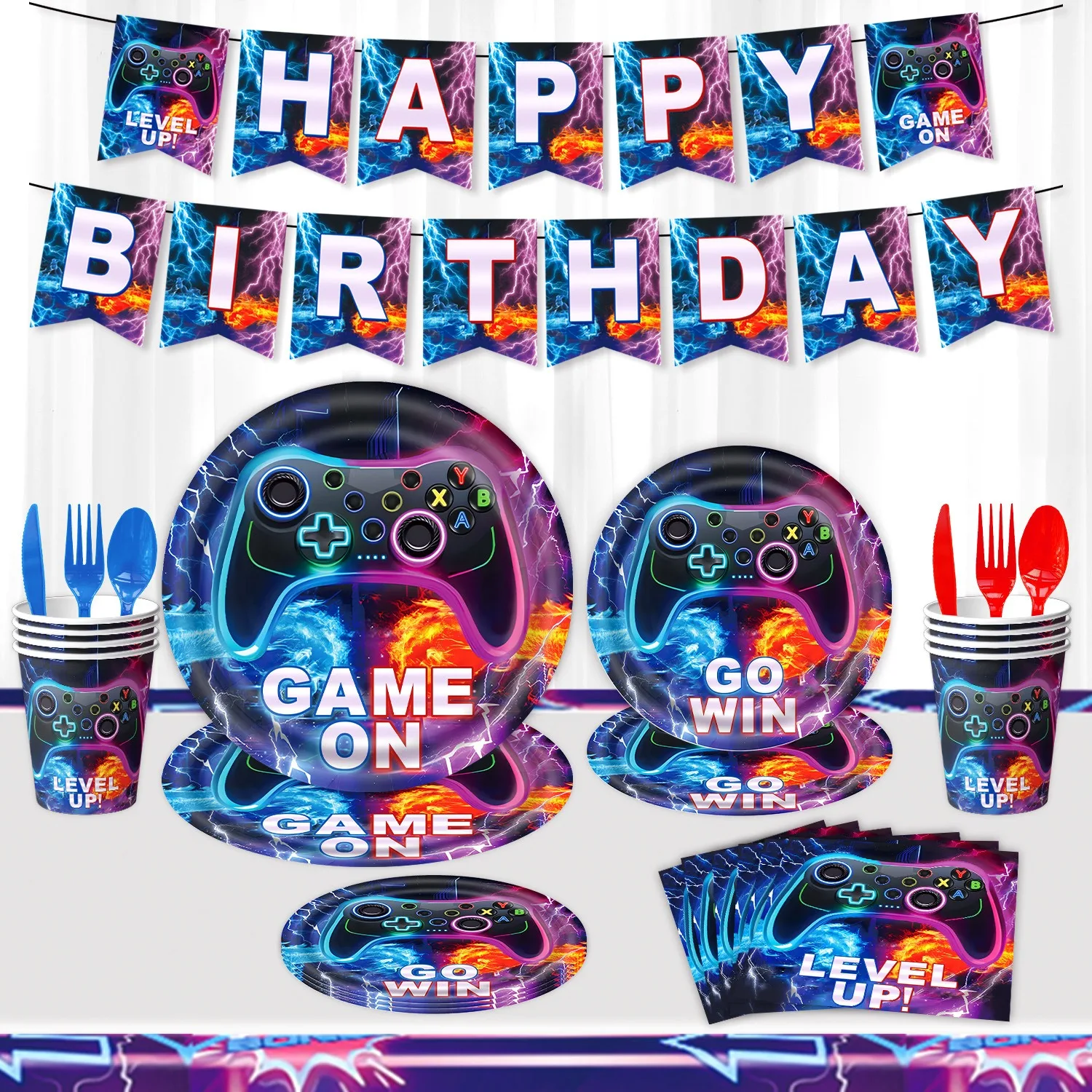 【セール中】パープルゲーム機テーマ使い捨てパーティー食器紙コップ紙トレイ子供の誕生日パーティーの装飾用品