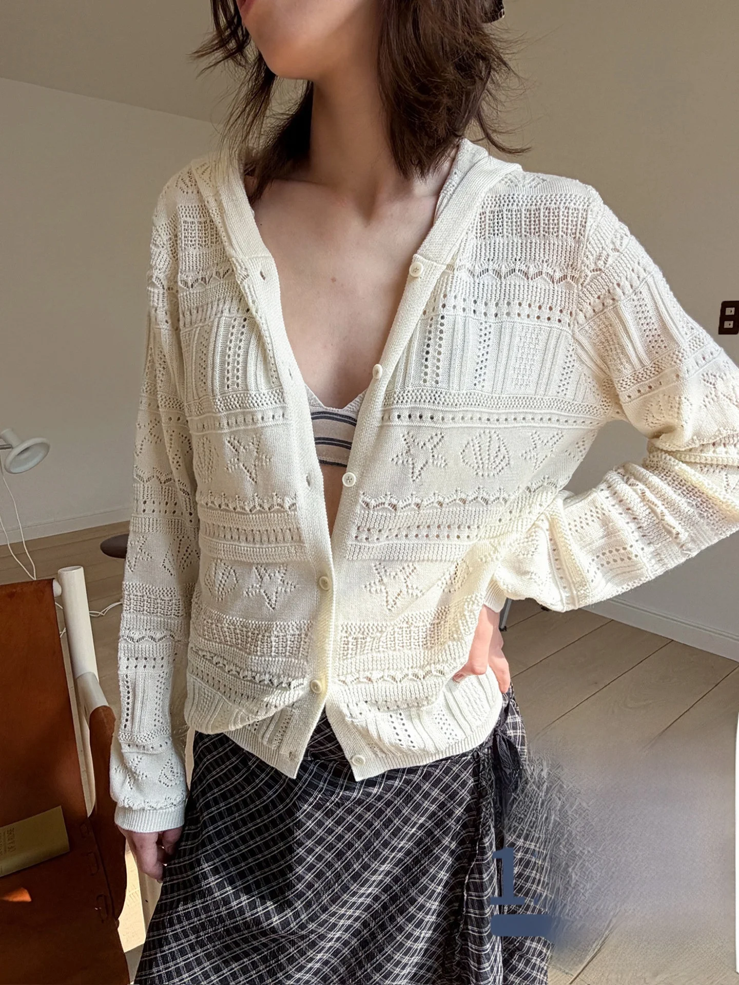 

Nordic Romantic Geometric Crochet Flaxen Feel Vintage Hooded Open Cardigan Women's Summer Wearable Shirt Polyester Blend Knitted