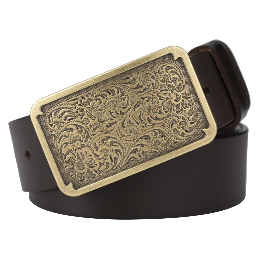 Ceinture en peau de vache pour hommes, rétro Tang Grass carré plaqué argent, boucle lisse, loisirs décoratifs pour jeunes