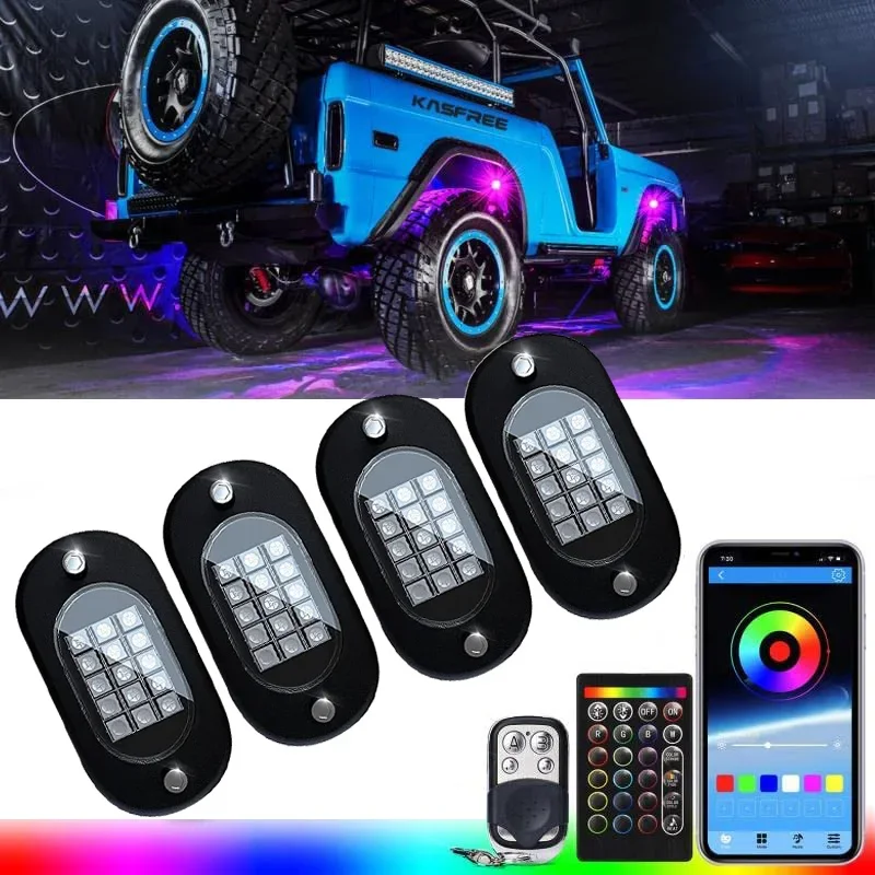 RGB LED Rock Lights Bluetooth Multicolor Neon Waterproof Underglow Kits With RF APP Remote Controller For Off Road Car Truck SUV