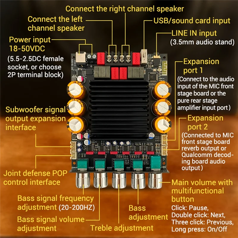 AAAEL-SUB600 TPA3255 لوحة مضخم رقمي متكاملة 2.0 قناة 300Wx2 بلوتوث أمبير مجلس باس ملاحظة ضبط