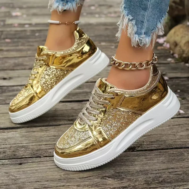 

Sneakers for Women's Equins Silver Leather Platform Women's Sneakers Fashion Outdoors Comfortable Walking Shoes Zapatos De Mujer