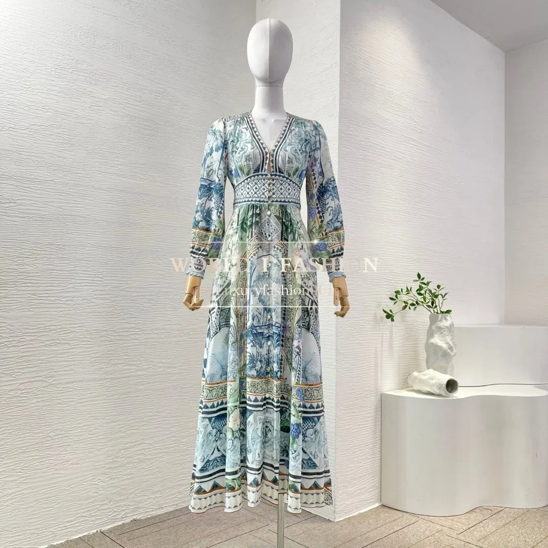 Vestido midi con cuello en V plisado y manga larga con estampado floral azul de alta calidad