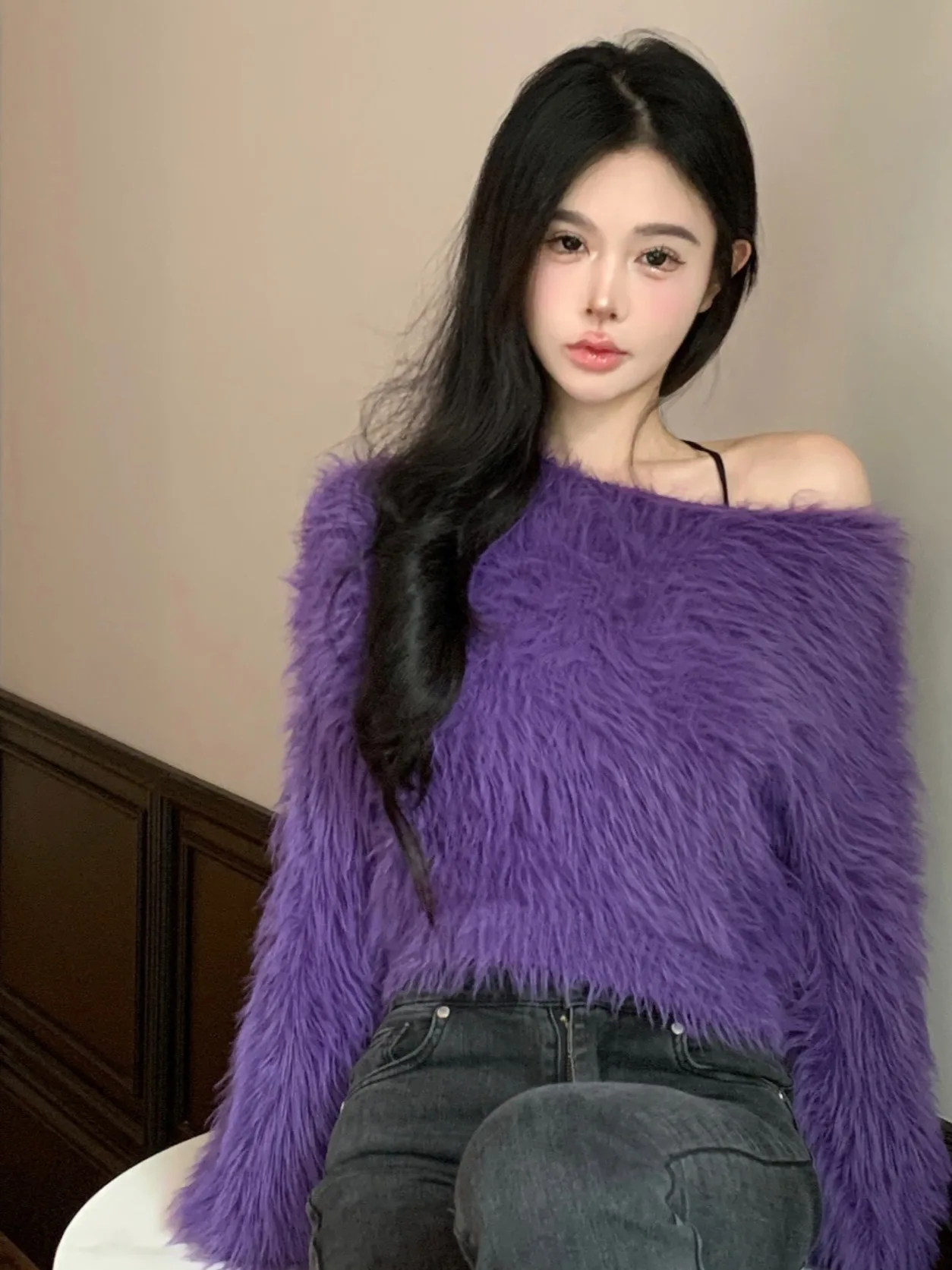 Spicy Girl Pure Desire Sexy oulder Bared One oulder Long Sve Top Lazy Loose Slimming ort Length Camere Sweater