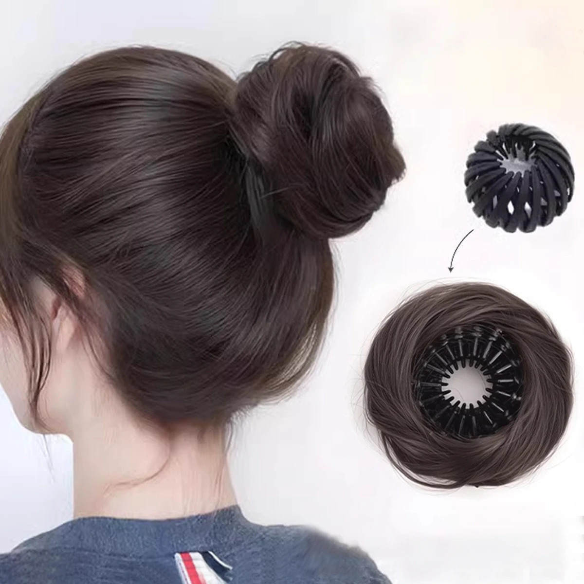 Perangkat rambut pelat kepala bola sintetis yang dapat ditarik cincin rambut wig temperamen wanita sanggul simulasi kepala kuncup malas