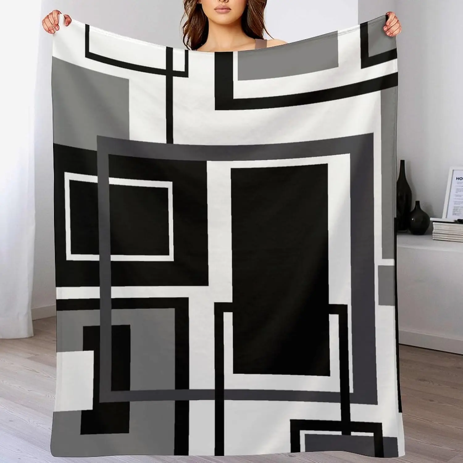 Contemporary Grey Black White Overlapping Square Print Cozy Blanket Ideal For Lounge Bedroom Couch Indoor Outdoor Daily Warm