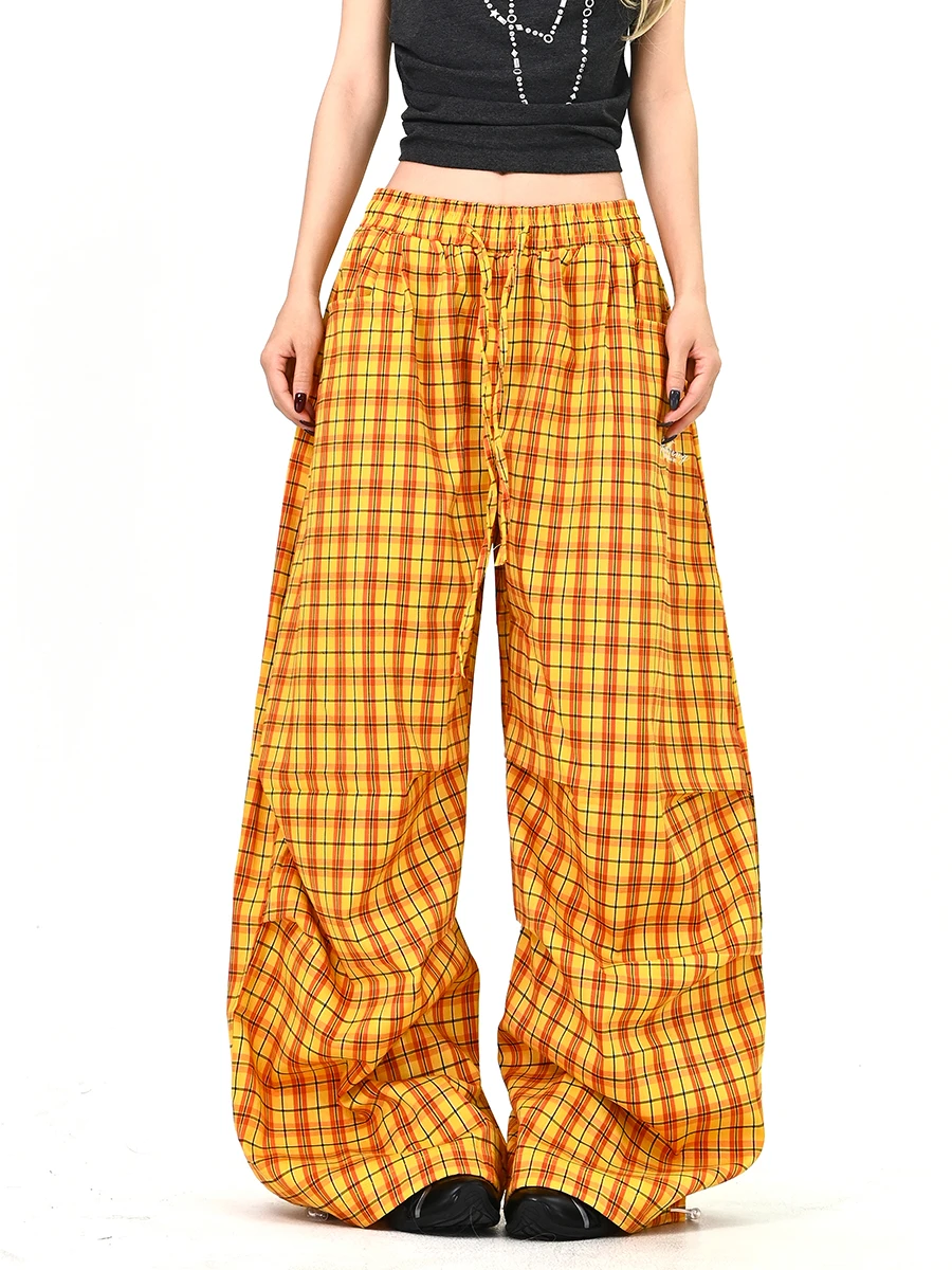 

Casual Pleated Loose Wide Leg Pants Women's Plaid Spring New Sle American Trendy Brand Loose BF Sle Floor-Length Trousers