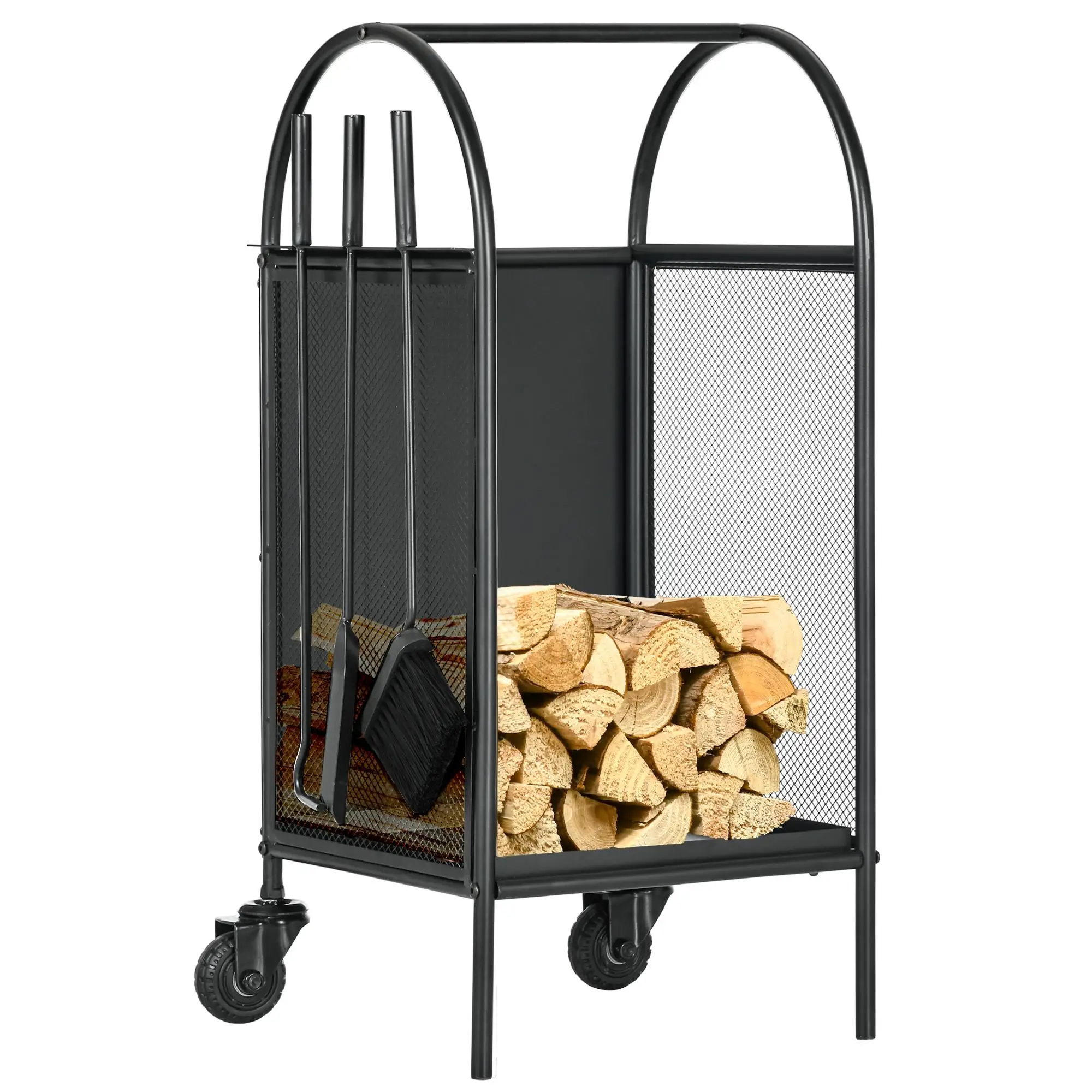 Outsunny Porta legna su ruote con accessori: pala, scopa e braciere, 37,5 x 37,5 x 80 cm, nero