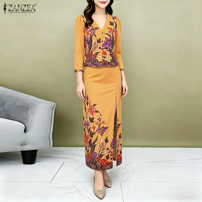 ZANZEA Women Dress Sets Summer Autumn 3/4 Sleeve 2PCS Print Two-piece Outfits V Neck Matching Sets Oversize 3XL Long Skirt Tops
