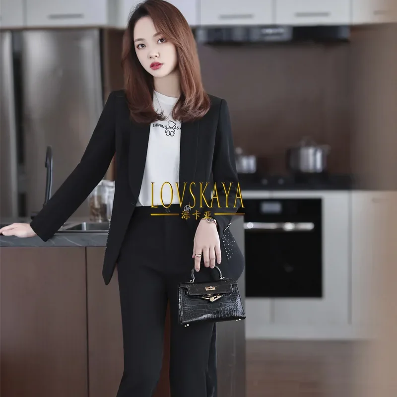 Korean version of fashionable and stylish professional suit temperament commuting blue suit set for women in autumn and winter