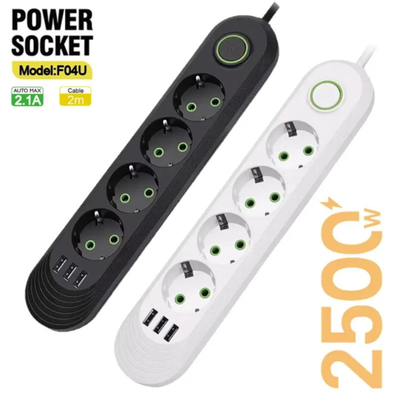 EU Plug Power Strip with 3 USB Ports Extension Cord Socket Network Filter Round Pin AC Outlet 2500W Electrical Charge Adapter