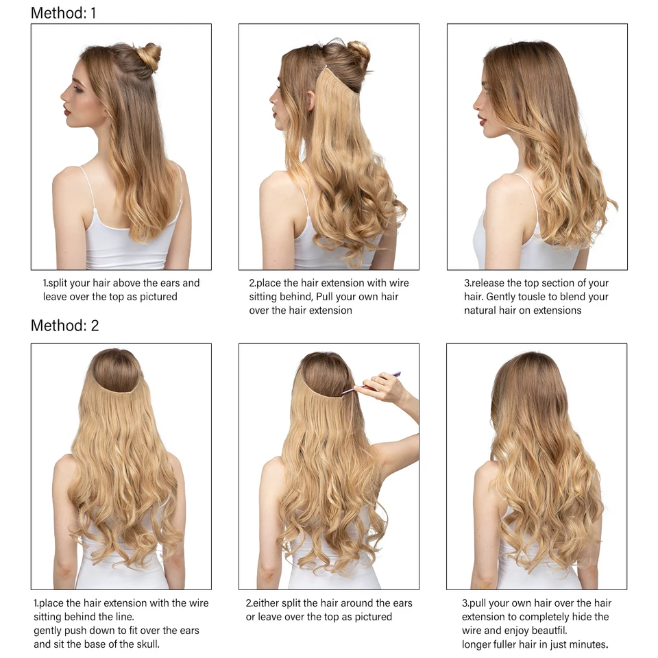 Extensión de cabello sintética sin clip, ondulada, ombre, negro natural, rubio y rosa, pieza única, con línea de pesca, postizo 6