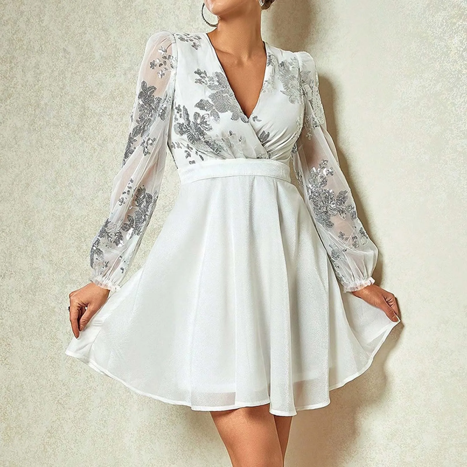 

White A-Line Mini Dress Woman Sexy Sequin Mesh Cross Long Sleeve Party Dresses 2023 Spring Autumn Female Casual A-line Dress