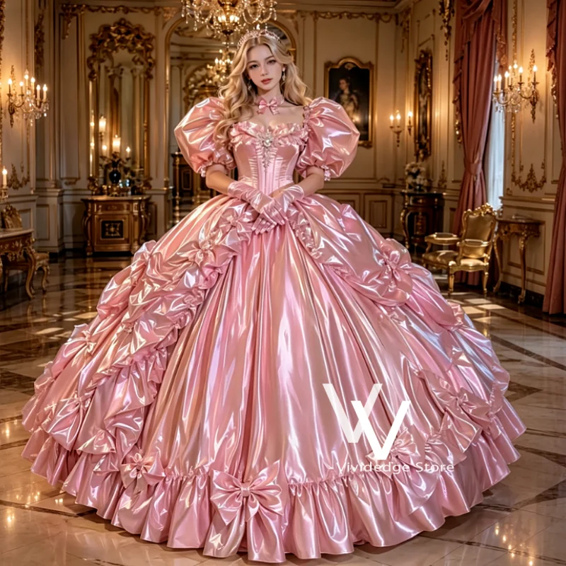 Feenhaftes Prinzessinnen-Quinceañera-Kleid, glänzendes Rosa, Puffärmel, Ballkleid, Korsett-Rock, Rüschenbesatz, Sweet 16, königliches Partykleid, maßgeschneidert
