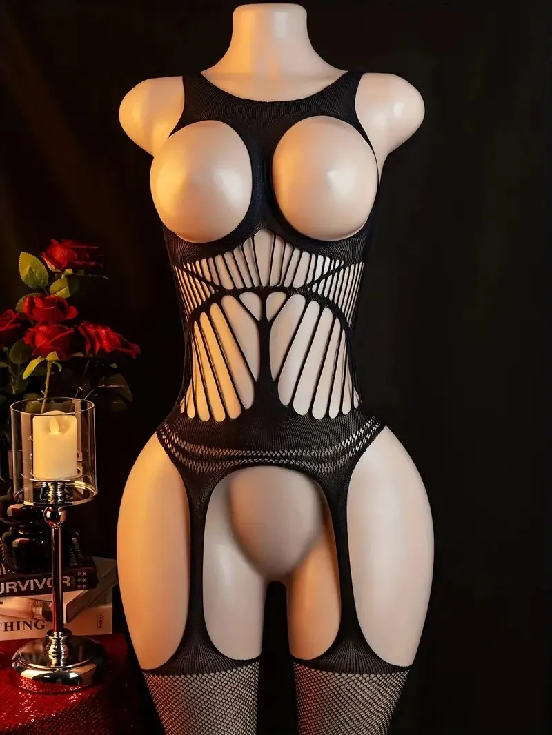 2026 New Sexy And Shy Black Silk Lace Up Hollow One-piece Suspender Socks With Exposed Back Transparent Fishing Net Socks