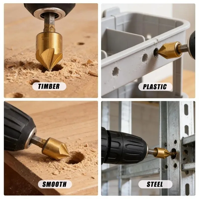 6-teiliges Senkbohrer-Set, 1/4 Zoll Sechskant, 5-schneidiger Senkfräser für Holz, Weichmetall, Gummi, Kunststoff, Holzbearbeitung – Detail 5