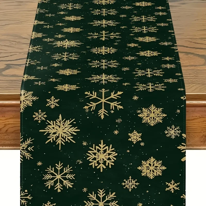 1 Piece of Dark Green Background Gold Snowflake Christmas Table Runner, Dark Green Background with Gold Snowflake Pattern, Suitable for Christmas Dinner, Holiday Party, Nordic Style Home, Theme Cafe, B&B Decoration, Christmas Market, Warm Tea Party, Holiday Gift Giving