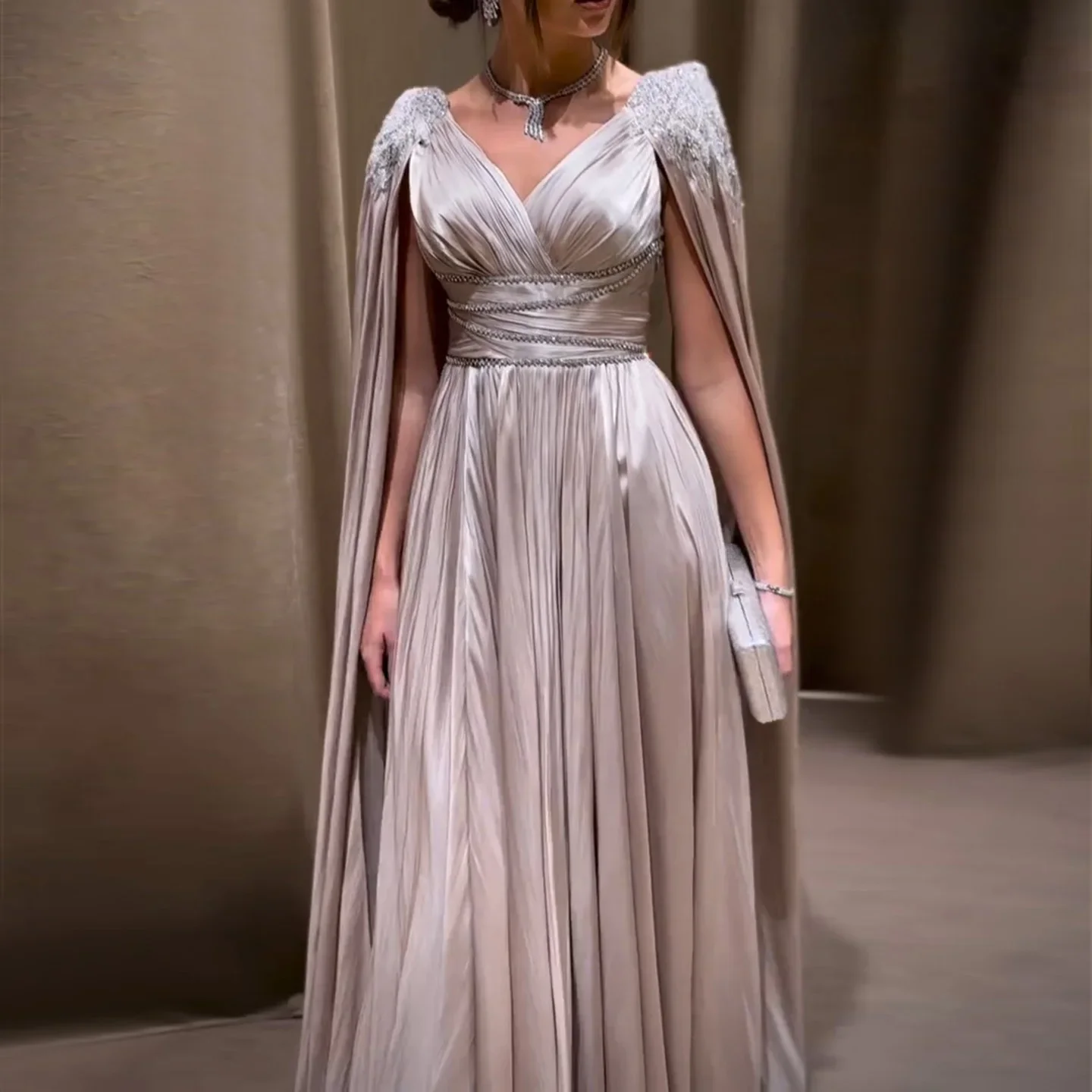 

Sharon Said Luxury Crystal Rose Gold Arabic V-Neck Turquoise Evening Dress with Cape Women Wedding Party Gown SS589 Customized