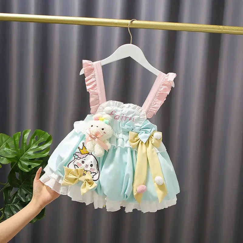 Summer New Spanish Lolita Dress Sets for Little Girls Kids Cartoon Animal Printed Suspender Kids Ball Gowns Children's Clothing