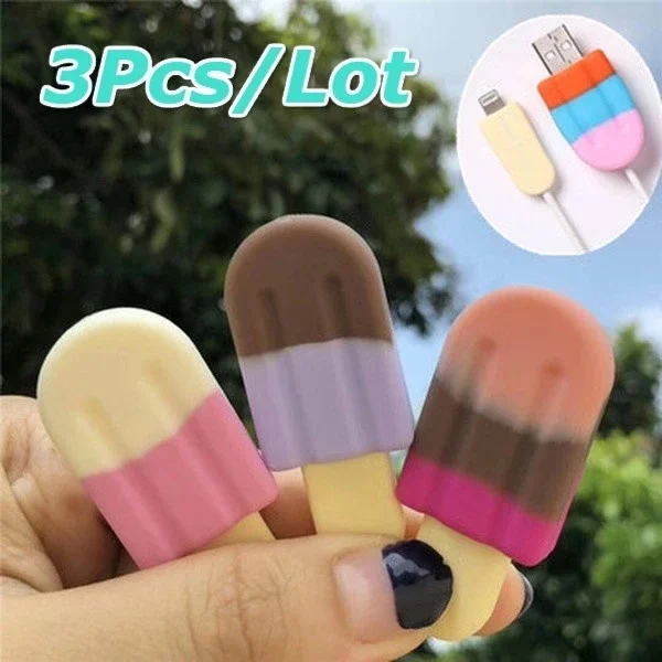 3pcs Silicone USB Charger Cable Protector Cord Saver Cover Ice Cream Shape for Phone Cable