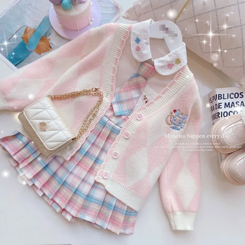 

2024 New Girls Suit Spring Children's Jk Plaid Skirt Three-piece Sweater Preppy Style 5-day Shipping Baby Clothes