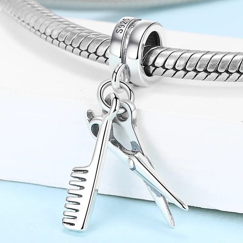 925 Sterling Silver Fashion Hairdressing Tools Scissors and Comb Bead Charm for Women Fit European Bracelet Jewelry Gift 2020