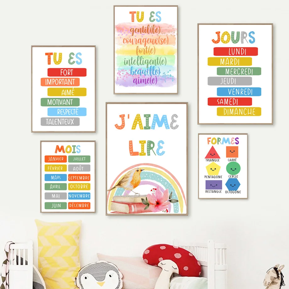 

French Education Days Months Shape Rainbow Book Wall Art Print Canvas Painting Poster For Kids Boys Girls Children Room Decor