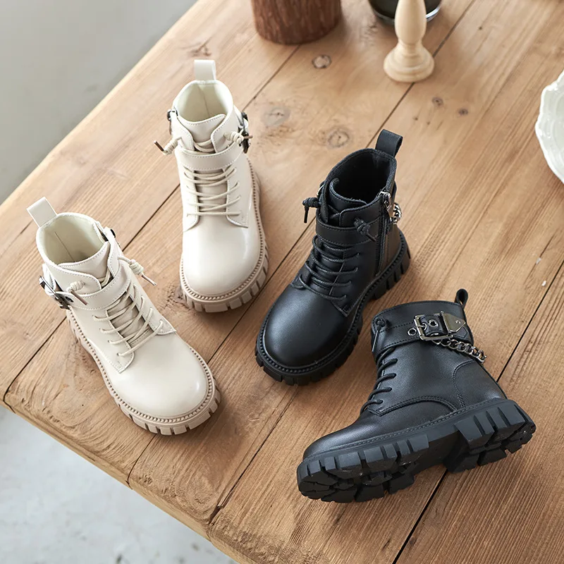 

Children Autumn Winter Boots Girl Soft Soled Non Slip Warm Short Cotton Boots Boy Student Chain Front Lace Up Kids Leather Boots