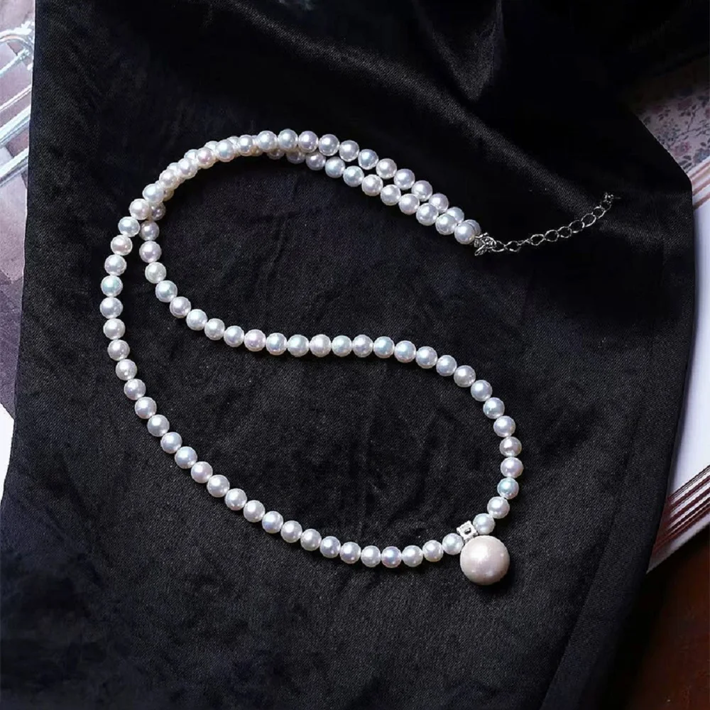 

Exquisite Pearl Necklace AAAA5-6mm+8-9mm Natural Pearl Necklace Pendant 18in/16in/925s