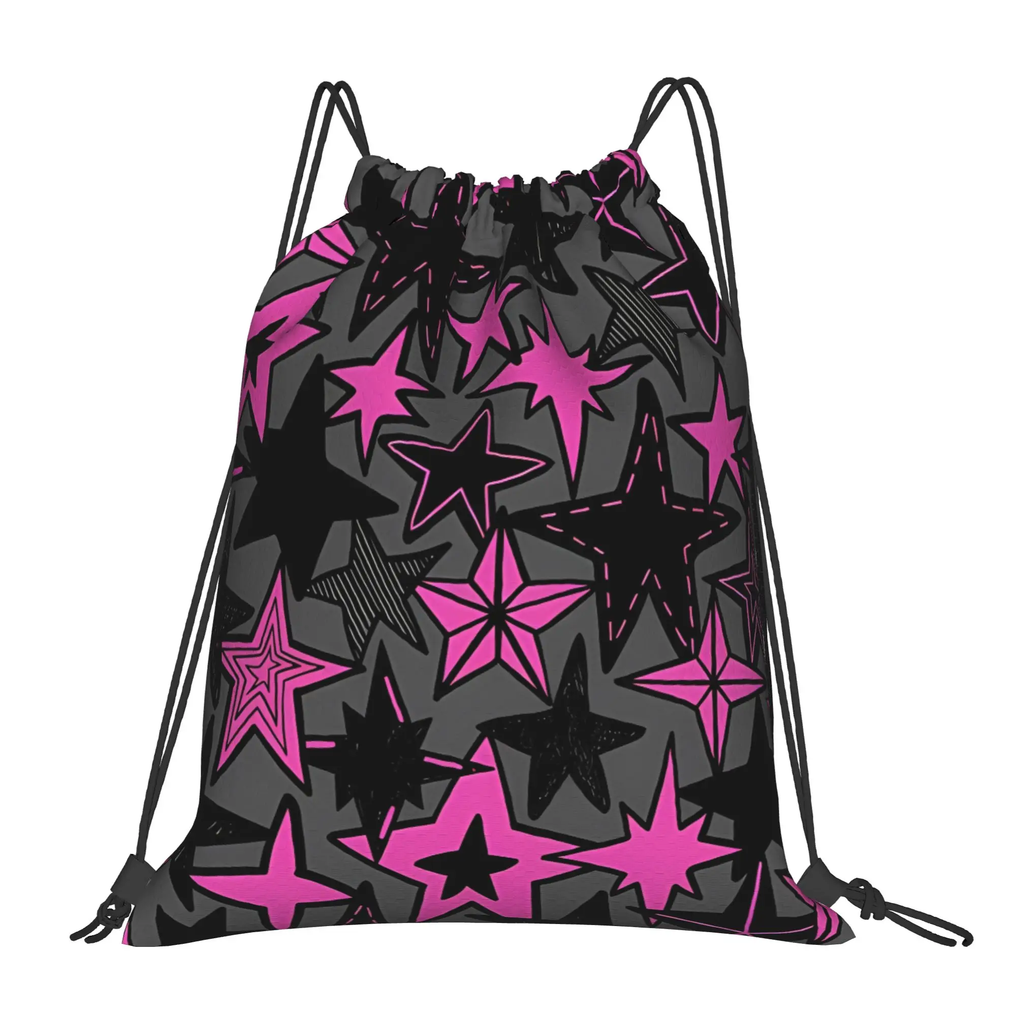 Y2K Pink Stars Black Gray And Pink  Graffiti Portable Hiking Riding Gym Drawstring cool gift Storage Backpacks