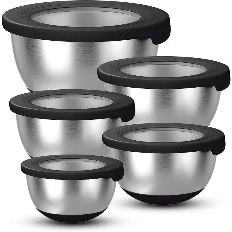 Mixing Bowls with Airtight Lids Set of 5, Nesting for Kitchen, Black, Dishwasher Safe, Non-Slip, Multi-Purpose Cooking, Baking