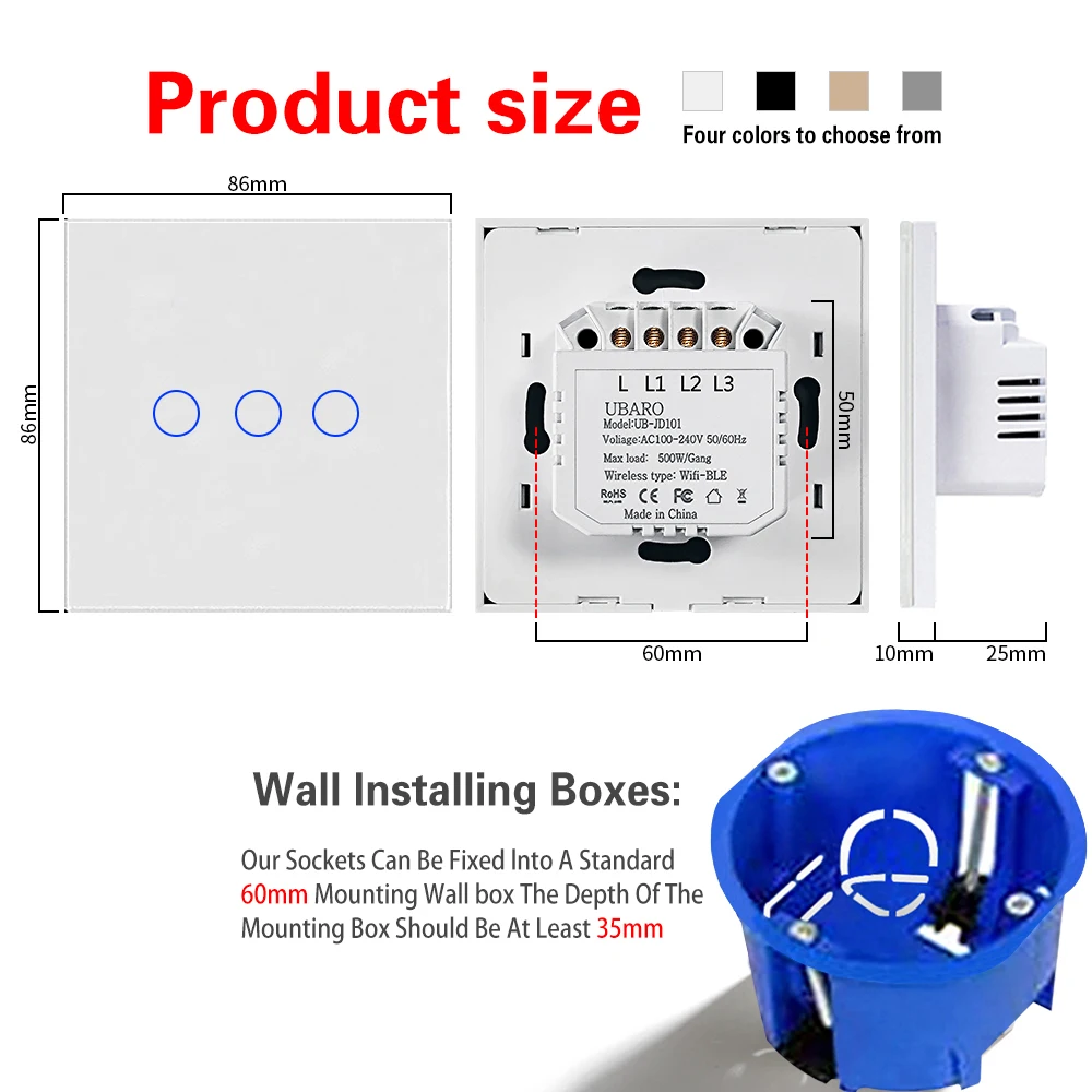 Interruptor de luz de pared inteligente UBARO Tuya, 2 entradas, WIFI, funciona con el asistente de Google, botones de Sensor de Control de voz Alexa Yandex Alice