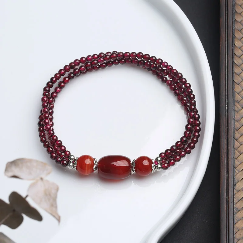 Natural Red Agate Barrel Beads Bracelet Three Circle Minimalist Personality Customized Jewelry for Women Daily Wear Prefect Gift