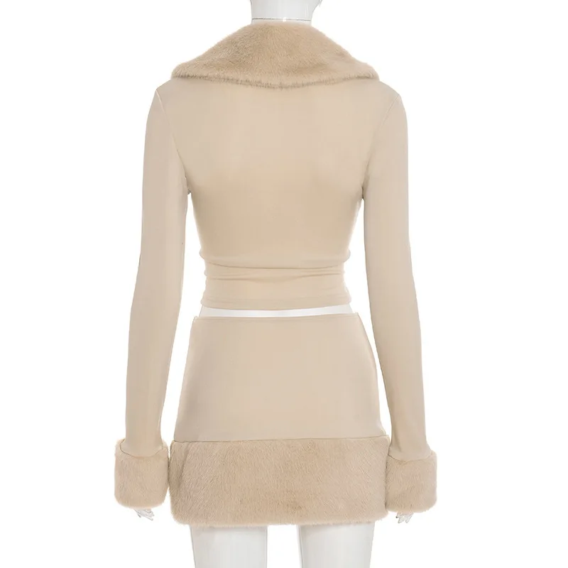 Vrouwen namaakbont patchwork 2-delige set kraagvorm met lange mouwen en enkele rij knopen crop top + bodycon minirokken