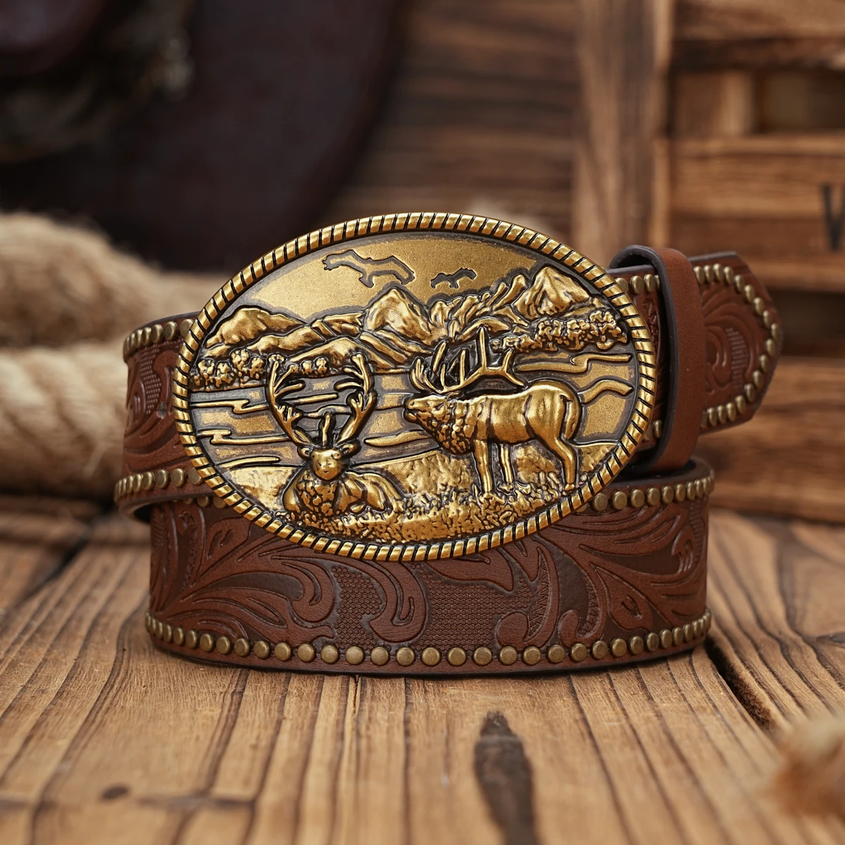 Men & Women-Western-Cowboy-PU Leather-Belts - Vintage horse Belt Floral Engraved Buckle Belt for Jeans