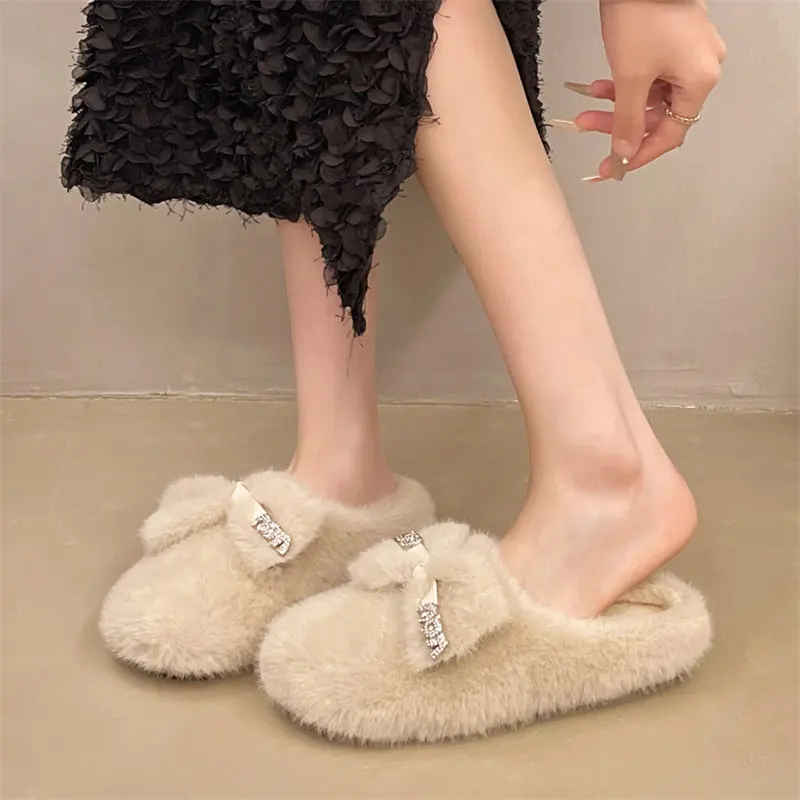 Luxury rhinestone design furry slippers Women Winter Thick Sole Plush Slippers Ladies Soft comfortable warm indoor home Slippers image 2