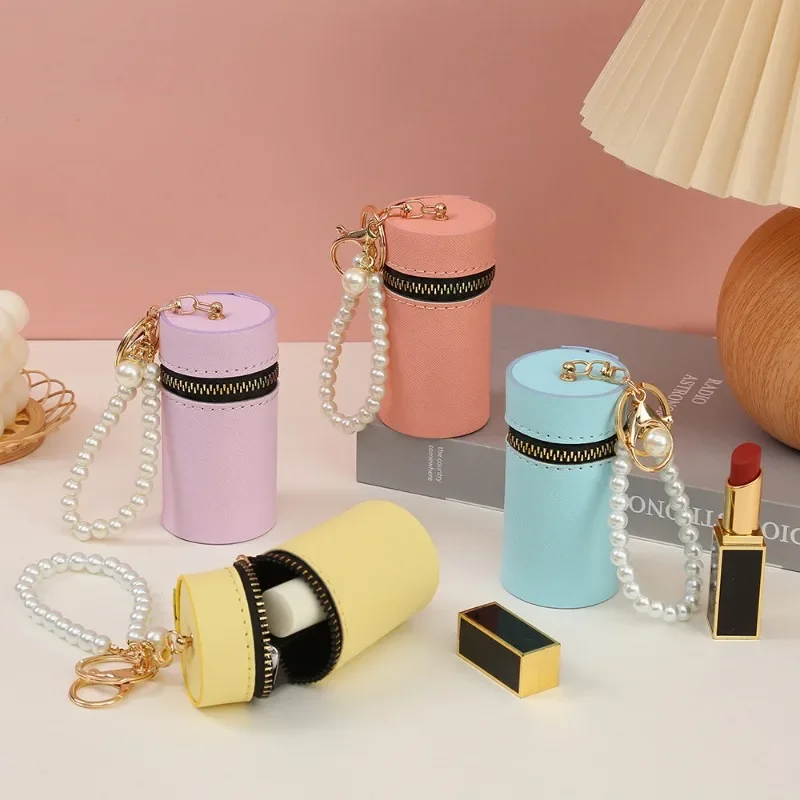 

Mini Coin Pouch Car Imitation Pearl Keychain Earphone Bag Women Portable Lipstick Bag PU Macaron Color Cylindrical Coin Purse