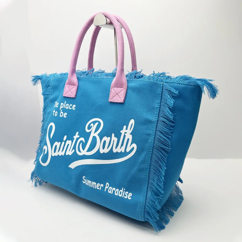 SAINT BARTH 2024 New Women's Beach Large Capacity Leisure Travel Canvas Handmade Tassel Handbag Tote Bag Mommy Bag