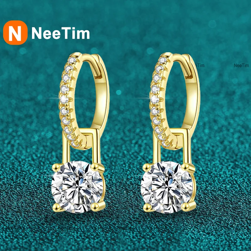 

NeeTim 1ct 6,5 мм висячие серьги-кольца с муассанитом для женщин, серебро S925 с позолоченными лабораторными бриллиантами, свадебные серьги, роскошный подарок