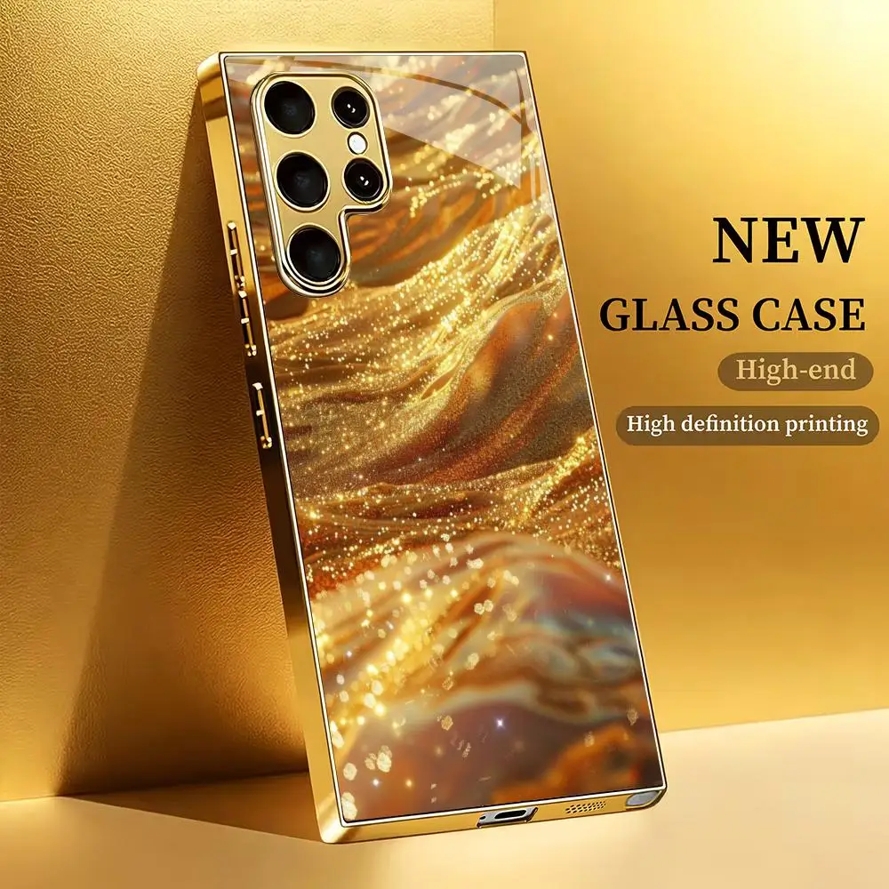 Gilded flowing sand fluid printed glass phone case suitable for Samsung Galaxy S26 S25 S24 S22 S21 S20 FE/Ultra/Plus anti drop
