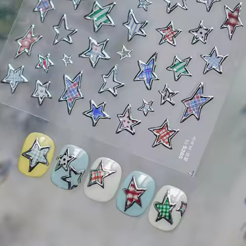 Graffiti Pentagram Star Silver Colourful Grid Starburst Polka Dot Line Bowknot Self Adhesive Nail Art Stickers Manicure Decals