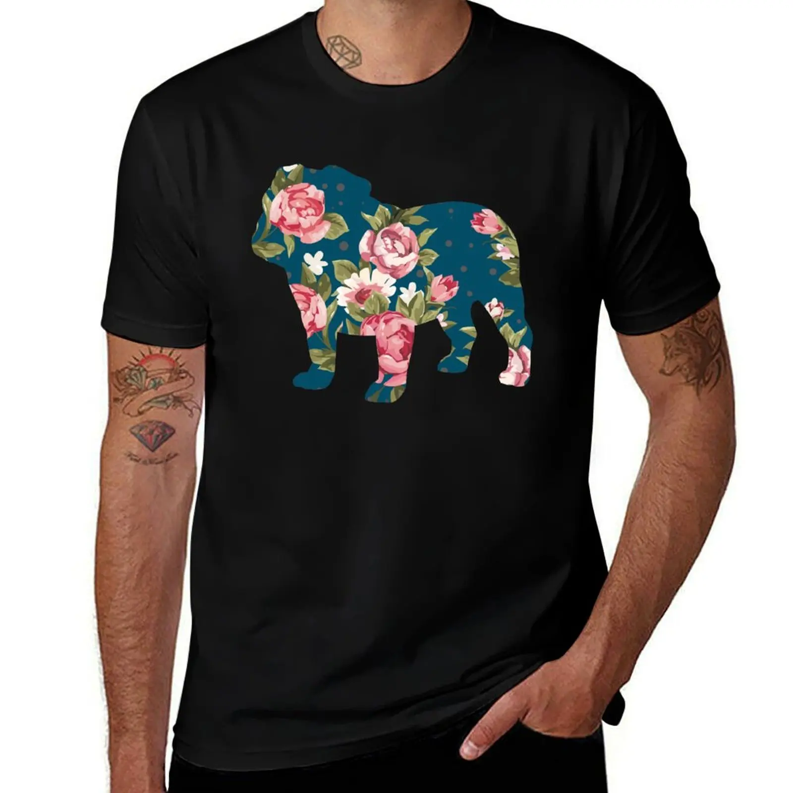 Floral English Bulldog T-Shirt Simple Print Design T-Shirt