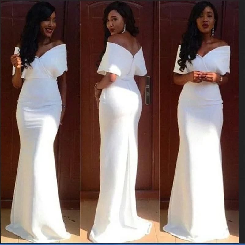 

Стильные белые дешевые платья подружки невесты, длинные платья русалки с открытыми плечами и v-образным вырезом, свадебное платье для гостей длиной до пола, атласные вечерние платья