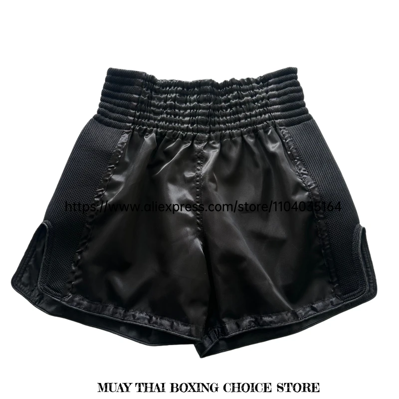 Muay Thai Hosen Einfarbige Thai-Box-Kampfshorts Kickbox-Trainingsshorts mit Seitennetz für Männer Frauen Kinder Satin Thai-Boxhosen Schwarz