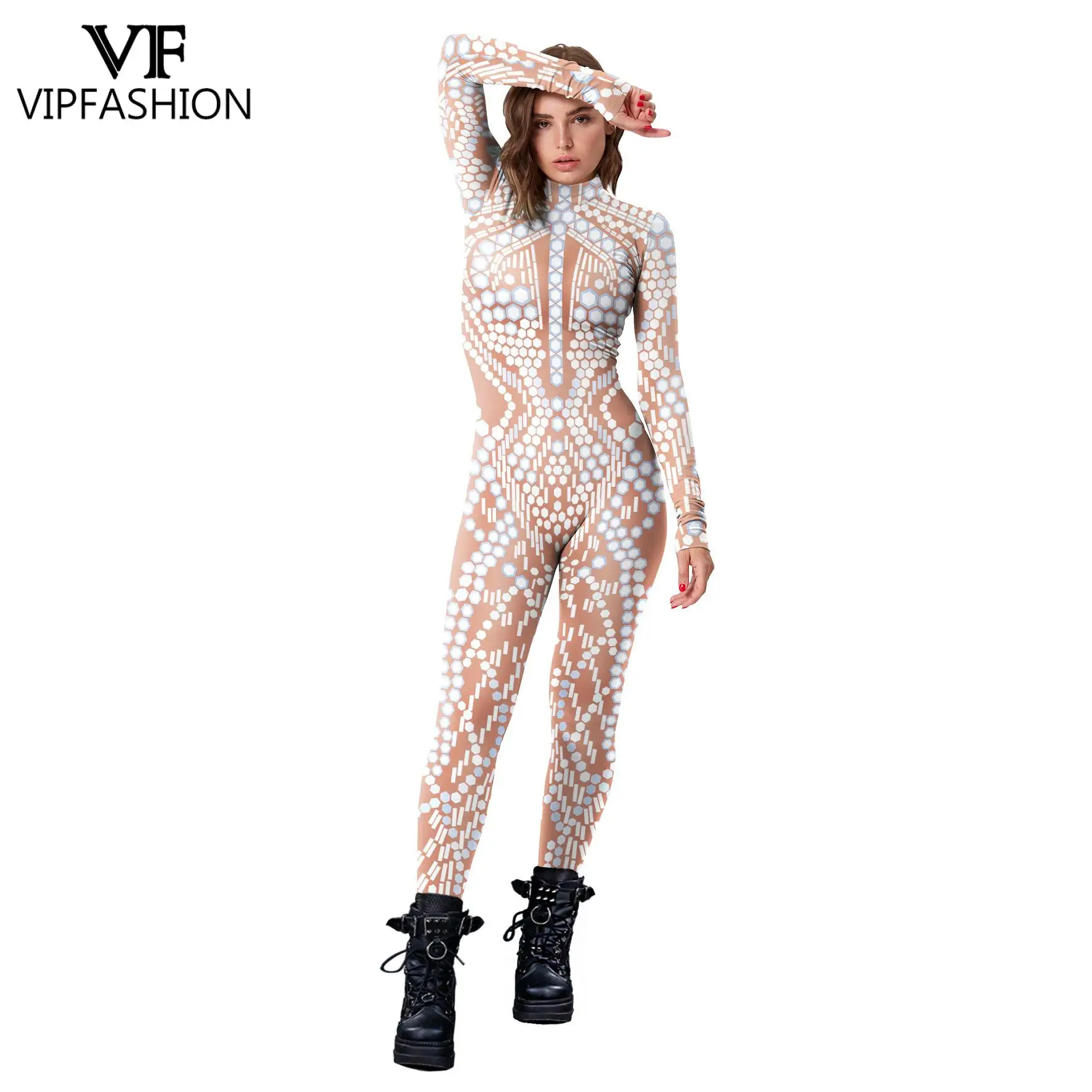 VIP FASHION Sequin Pattern Jumpsuits Women Cosplay Costume Adult Zentai Fitness Bodysuits Long Sleeve Back Zipper Party Outfit