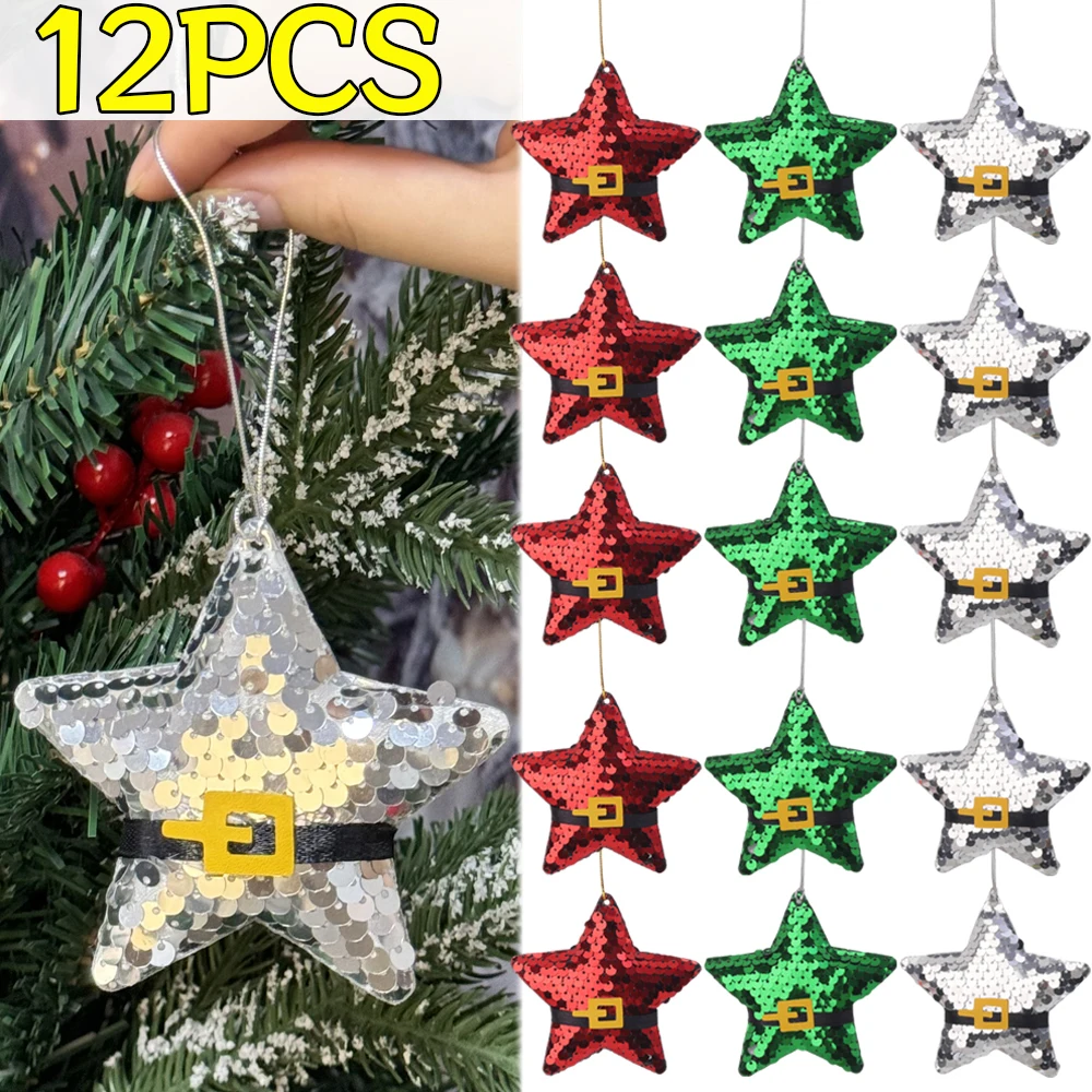 12/1PCS Christmas Tree Pentagram Ornament Red Silver Glitter Star Xmas Hanging Pendant Festive Wedding Party Home Decoration