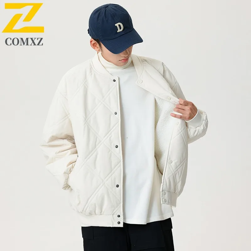 COMXZ 2025, Winter-Plüsch-Polsterjacke für Herren, trendiges Spleißen, dicke Thermo-gepolsterte Jacke, lässiger Outdoor-Ski, winddichter Fleece-Parka