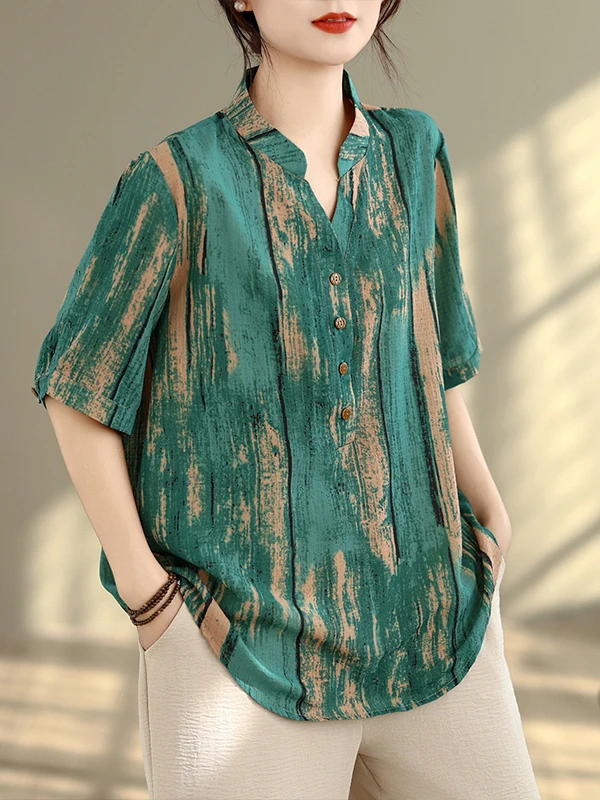 

Женская повседневная свободная рубашка больших размеров с коротким рукавом, стройнящий топ с V-образным вырезом для женщин среднего и старшего возраста, летняя новинка