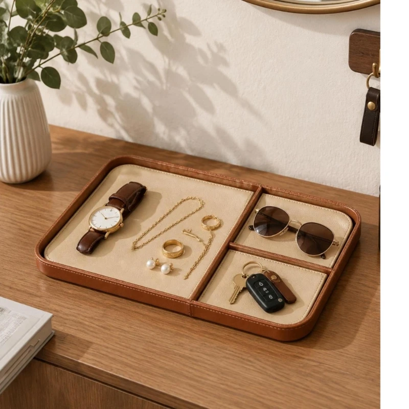 3XUA Synthetic Leather Desk Tray for Keys, Watches and Jewelry Storage